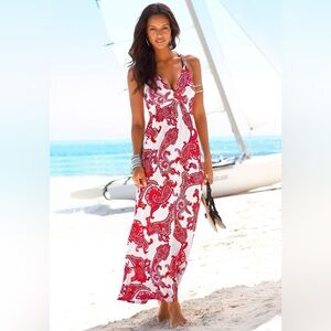 Sleeveless Red Paisley Maxi Dress - Women's Beachwear